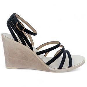 CHANEL Black & Eggshell CC Logo Wedge Heel Sandals IT38.5